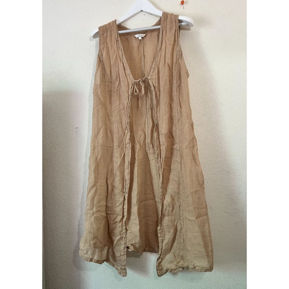 Kleen Women's Linen Tie-Front Sleeveless Cardigan Vest Large Tan Lightweight